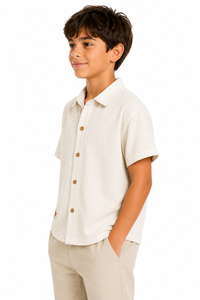 Kids Beige Textured Shirt Casual Short Sleeve Button Down Top Premium Quality Cotton Blend Shirt Stylish Collared Design Soft - Product Image 2
