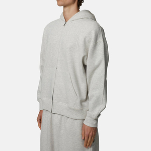 <b>Men's</b> Oversized Hooded Zip-Up Sweatshirt Solid Gray Cotton French Terry Casual Autumn Fit Regular Sleeve - Product Image 3