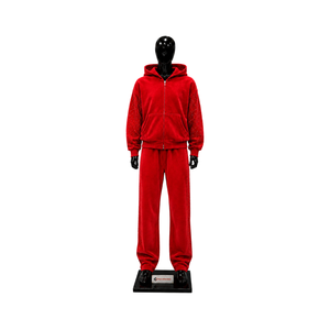 Conjunto de chándal de terciopelo rojo de lujo para mujer, con sudadera con cremallera y pedrería, pantalones de pierna ancha, conjunto de dos piezas, ropa deportiva de terciopelo personalizada a la moda. - Product Image 1