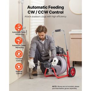 Máquina portátil de limpieza de desagües con ruedas de 100 pies x 3/8 pulgadas y alimentación automática, desatascador de tuberías de 8 pulgadas, agente de dragado de tuberías. - Product Image 2