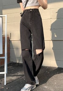 Wholesale Women's Mid Waist Straight Fit Streetwear Winter Striped Dark Denim Jeans Casual <b>Stretch</b> - Product Image 2