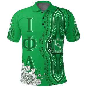 Camisa Polo Personalizada Iota Phi Lambda, Estilo Dashiki Verde Esmeralda, Estampado, Manga Corta, Cuello con Botones, Ropa Casual - Product Image 1