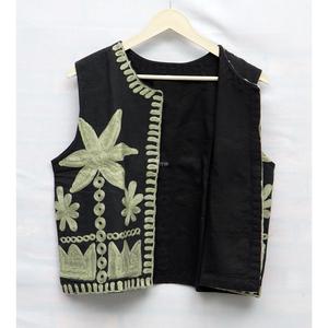 <b>Women's</b> Black <b>Sleeveless</b> Crop Top O Neck Floral Embroidered Vest Short Summer Jacket - Product Image 2