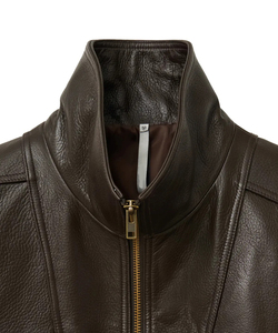 Blouson aviateur en cuir véritable marron pour homme, col rabattu, fermeture éclair, coupe courte, pour l'automne - Product Image 6