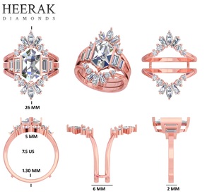 Luxury Rose <b>Gold</b> Double Band Hexagon Cut Diamond <b>Ring</b> <b>Set</b> With Marquise And Baguette Accent Lab Grown Diamond Engagement <b>Ring</b> - Product Image 1