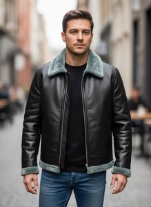 Chaqueta de Aviador de Cuero Genuino Negro para Hombre con Ribete de Borrego Verde, Chaqueta de Vuelo B3 - Product Image 3