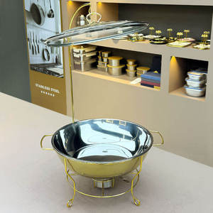Chafing Dish Stainless Steel <b>Buffet</b> Food Warmer Glass Lid Ornate Gold Pillar Stand Hotel Catering <b>Server</b> - Product Image 1