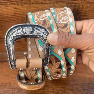 Cinturón de cuero tallado a mano verde azulado con Buck Stitch Western cuero genuino hecho a mano cuero de vaca de grano completo Floral vaquero y cinturones de vaquera - Product Image 2