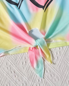 Girls 2-Piece Tie-Dye Heart Print Set Short Sleeve Top With Knot Front And Striped Shorts Summer Outfit - Product Image 5
