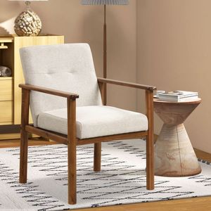 Fauteuil moderne en tissu lin avec assise rembourrée et pieds en bois massif pour salon - Product Image 3