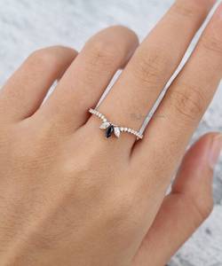 Black Onyx Curved wedding band <b>Silver</b> Moissanite Diamond Wedding Band Vintage Marquise Cut <b>Stacking</b> Unique Bridal Anniversary - Product Image 3