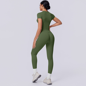 Conjunto de Yoga de 2 Piezas, Sin Tirantes, Cintura Alta, Largo Completo, Sin Costuras, Transpirable, Elástico en 4 Direcciones, Estampado Deportivo, Verde Sólido - Product Image 3