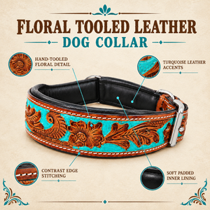 Collar de Perro de Cuero Repujado con Diseño Floral Turquesa, Tallado a Mano, Estilo Western |   Acolchado ajustable ROYAL INTERNATIONAL RI-DC04 All - Product Image 5