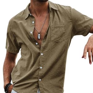 Camisa de Lino con Botones, Camisa de Vestir de Lino Puro, Mezcla de Algodón, Bolsillo en el Pecho, Cuello Cubano, Transpirable, Lisa, Holgada - Product Image 3