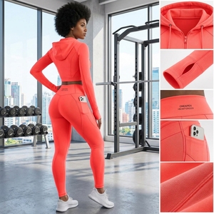 Ensemble de yoga pour femme, sweat à capuche corail zippé, haut court à manches longues, leggings taille haute, tenue de sport, fitness, entraînement, ensemble deux pièces - Product Image 6