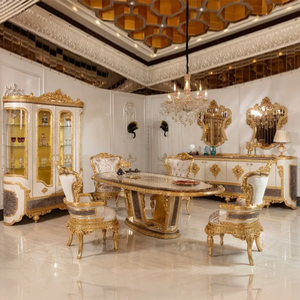 Juego de Comedor de Estilo Europeo Clásico con Madera de Caoba Sólida, Tallado a Mano y Acabado Dorado, Muebles Antiguos - Product Image 1