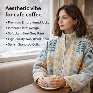 Veste bomber pour femme, broderie florale faite à la main, doublure en coton, col montant, veste de créateur - Product Image 3