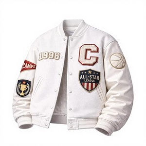 White Men's Varsity Jacket 1996 All-Star League Embroidered Patch Design Preppy Style Turn-<b>down</b> Collar Regular Fit Autumn Wear - Product Image 5
