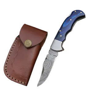 Custom Handmade Damascus Steel Folding Pocket Knife <b>Back</b> Clip Leather Sheath Utility Knife-OEM Supported <b>Drop</b> Shipping Available - Product Image 1