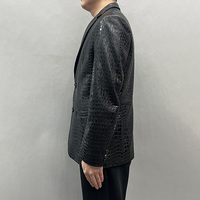 Veste en cuir noir pour homme, motif crocodile embossé, simple boutonnage, col rabattu, style décontracté chic, pour l'automne
