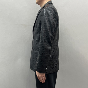Veste en cuir noir pour homme, motif crocodile embossé, simple boutonnage, col rabattu, style décontracté chic, pour l'automne - Product Image 2