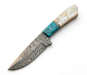 Outil de terrain extérieur artisanal en acier Damas goutte de pluie, incrustation turquoise, manche en résine perlée - Product Image 3