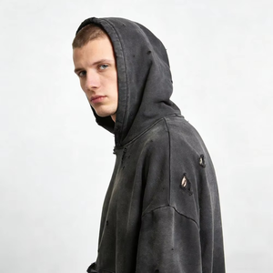 Sudadera con Capucha Extra Grande, Lavada, Desgastada y Rota, para Hombre, Negra, Felpa Francesa, 100% Algodón, Estilo Urbano Otoñal - Product Image 4