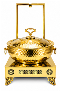 Plat de service buffet en acier inoxydable doré martelé, finition miroir, design royal, pour mariages, banquets et traiteurs - Product Image 4