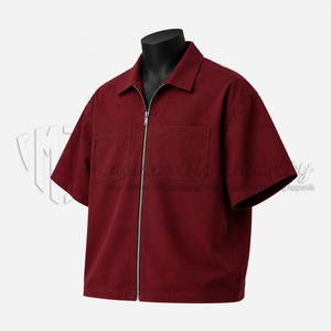 Chemise zippée à manches courtes unie pour homme, en sergé, style workwear, col rabattu, décontractée, pour l'été - Product Image 3
