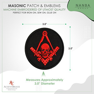 Circular Embroidered Iron-On Masonic Patch with Red Skull and Crossbones Emblem on Black Background for Hats and Apparel - Product Image 3