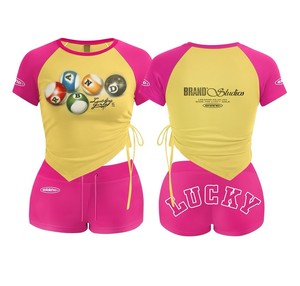 Ensemble décontracté deux pièces pour femme en coton respirant, avec t-shirt court à manches raglan color block et short taille haute TAHAD (ODM/OEM) - Product Image 1