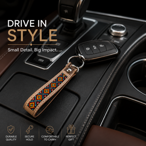 Handcrafted Brown Leather Beaded Keychain Red black Tribal Pattern <b>Engraved</b> Floral Accent Metal Clasp Vintage Western <b>Key</b> - Product Image 3