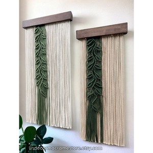 Bohemian Macrame Wall <b>Hanging</b> Foliage Pattern Green <b>White</b> Rectangle Home Decor Living Room Art Piece 2Pcs - Product Image 4