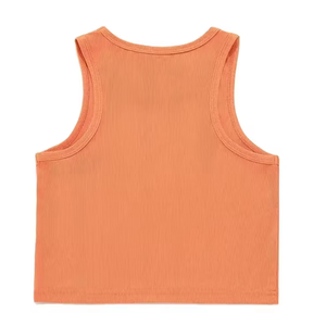 Débardeur court côtelé orange pour femme, col rond, sans manches, couleur unie, respirant, en Spandex/Nylon, coupe ajustée, pour le yoga, avec logo frontal - Product Image 2