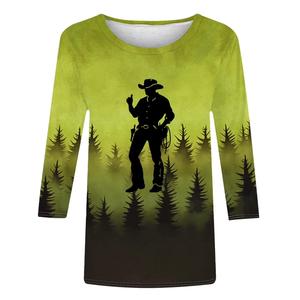 T-shirt décontracté en tricot pour femme grande taille, style western cowboy, col rond, manches 3/4, boutons, épaules tombantes, de Bangladesh Apparel - Product Image 3