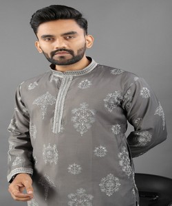 <b>Men's</b> Grey Embroidered <b>Kurta</b> <b>Pajama</b> Traditional Wedding Ethnic Wear Indian Pakistani Clothing SWASTIK- ALU ARJUN 85316 - Product Image 4