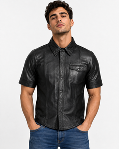 <b>Men</b>’s Premium Genuine Cowhide Leather Short Sleeve Button Down <b>Shirt</b> Black Classic <b>Collar</b> Chest Pocket Fashion Leather <b>Shirt</b> - Product Image 3