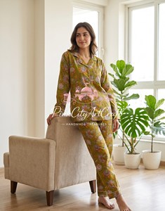 Handcrafted Cotton Floral Night Suit Artisanal Jaipuri Block Print Olive Green Loungewear Co-ord Set Notch Collar <b>Pyjamas</b> <b>Summer</b> - Product Image 2