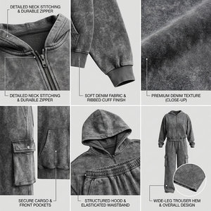 Ensemble de survêtements OEM 2 pièces pour homme, en molleton imprimé, effet délavé, gris uni, décontracté, à manches longues, coupe ample, hiver, 100% coton - Product Image 5