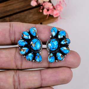 Ice <b>Blue</b> Turquoise <b>Stud</b> <b>Earrings</b>, 925 Sterling Silver Southwestern Boho <b>Earrings</b>, Natural Gemstone Jewelry Gift for Her - Product Image 2