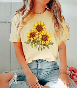Airy Comfortable Shirt Soft Knit <b>Top</b> Slim Fit Retro <b>Sunflower</b> Tee Crafted From Soft Cotton With Airy Knitted Fabric Comfort - Product Image 3