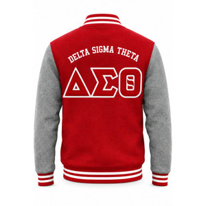 Chaqueta Universitaria Delta Sigma Theta Roja y Gris con Letras Bordadas, Logotipo del Capítulo, Estilo Preppy, Unisex, para Otoño - Product Image 3