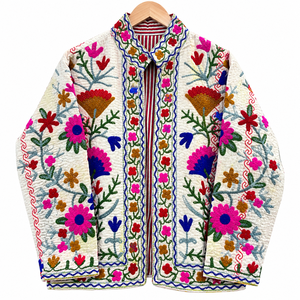 Colorful Suzani <b>Embroidered</b> Quilted <b>Jackets</b> <b>for</b> <b>Women</b>, Bohemian Floral Patchwork Outerwear with Artisan Stitching - Product Image 1