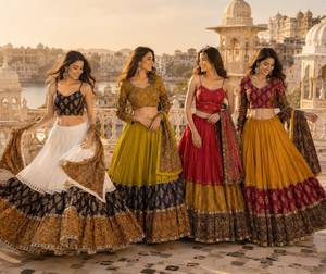 Traditional Indian Wedding <b>Lehenga</b> Choli Set For <b>Women</b> Floor-Length Cotton Loose Fit With Embroidery Design - Product Image 1