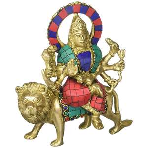 Estatua hecha a mano con incrustaciones de latón de 6 pulgadas de la madre Durga sentada en una escultura india de tigre para regalar - Product Image 1