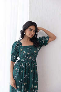 Vestido Midi de Viscosa con Estampado Floral, Mangas Abullonadas, Cuello Cuadrado, Corte en A, Estilo Boho, Holgado, Casual, para Primavera - Product Image 2