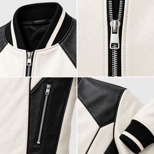 <b>Men</b>’s Two-Tone Leather Bomber <b>Jacket</b> with Geometric Panels, Front Zip Closure and Rib Knit Trims - Product Image 5
