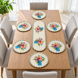 Ensemble de sets de table rectangulaires en jute écologique personnalisables, style campagnard, motif vase floral, bordure tressée, vente en gros - Product Image 5