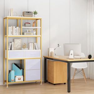 Libreria a 6 Ripiani e 4 Cassetti 90*30*174cm con Struttura Dorata, Tessuto Non Tessuto, Pannello in Truciolato Bianco e Telaio in Ferro - Product Image 2
