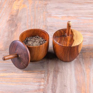 Wooden Dip Bowl Set of 2 with Lids and Spoons for Seasonings & Condiments Display on Tray Wood Condiment Sauce Spice <b>Container</b> - Product Image 1